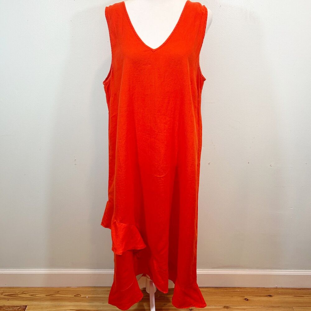 Lord & Taylor 100% Linen Orange Asymmetrical Ruffle Midi/Maxi Dress Size Large